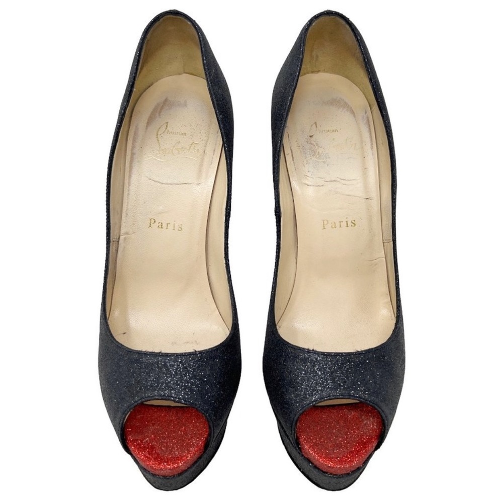 Chrsitian Louboutin Lady Peep 140 Black and Red Glitter Platform Peep Toe Pumps